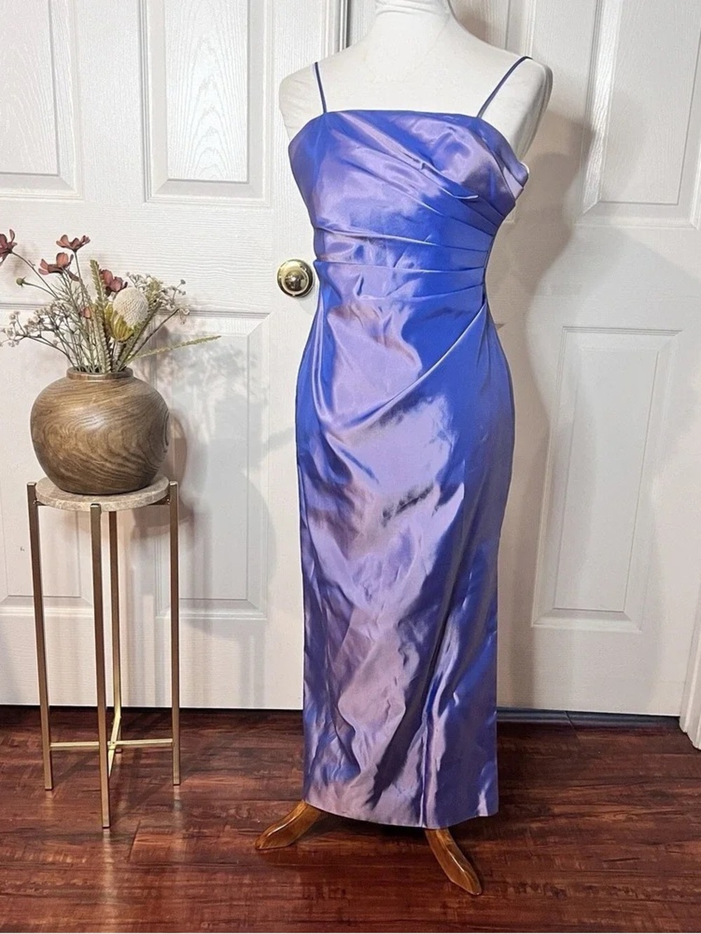Satin Spaghetti-Strap Maxi Dress in Lilac Blue